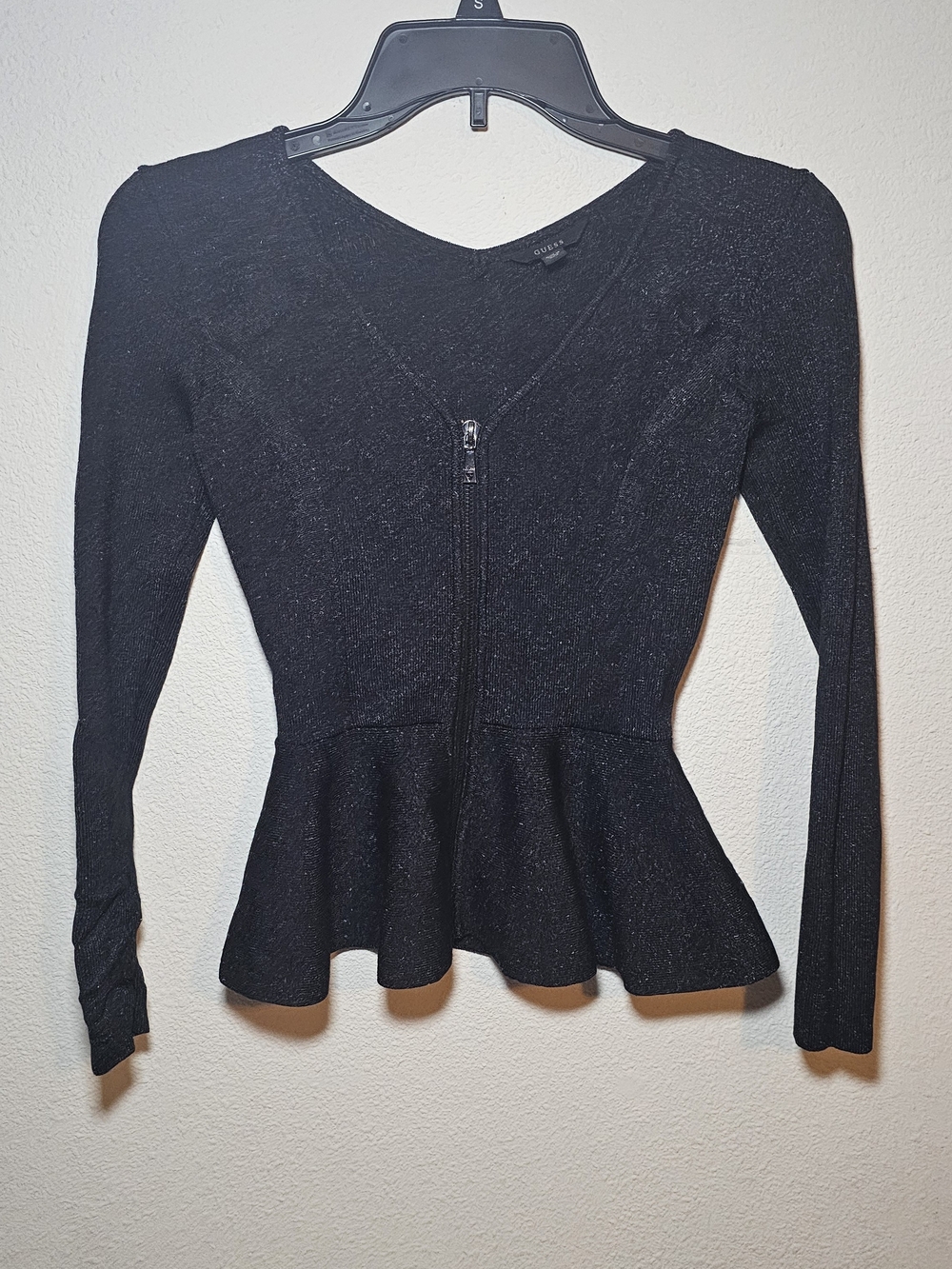 Guess Black Peplum Zip-Front Sweater Top